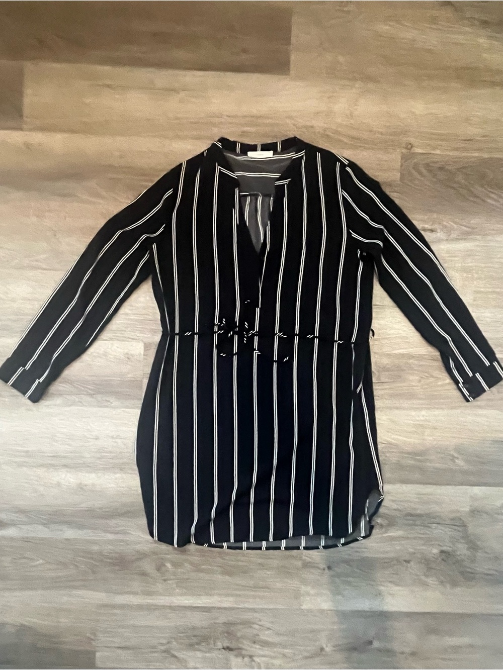 Lush Black and White Vertical Stripe Long Sleeve Drawstring Dress